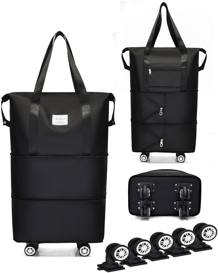 Expandable Foldable Duffel Bag with Detachable Wheels, 64L Large Capacity Rolling Travel Duffle Bag, Lightweight Carry on Luggage with Spinner Wheels, Weekend Gym Tote Bag (Deep Purple)