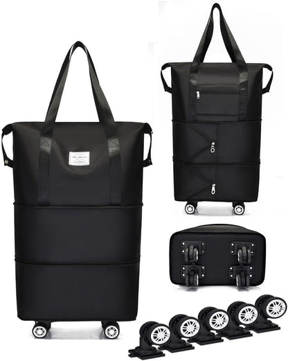 Expandable Foldable Duffel Bag with Detachable Wheels, 64L Large Capacity Rolling Travel Duffle Bag, Lightweight Carry on Luggage with Spinner Wheels, Weekend Gym Tote Bag (Deep Purple)