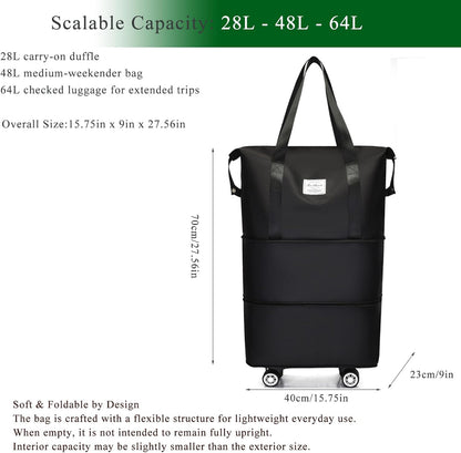 Expandable Foldable Duffel Bag with Detachable Wheels, 64L Large Capacity Rolling Travel Duffle Bag, Lightweight Carry on Luggage with Spinner Wheels, Weekend Gym Tote Bag (Deep Purple)