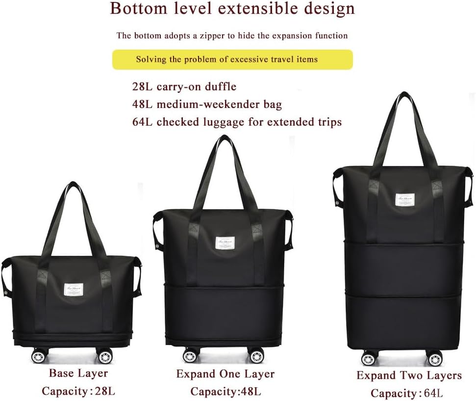 Expandable Foldable Duffel Bag with Detachable Wheels, 64L Large Capacity Rolling Travel Duffle Bag, Lightweight Carry on Luggage with Spinner Wheels, Weekend Gym Tote Bag (Deep Purple)