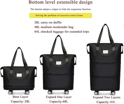 Expandable Foldable Duffel Bag with Detachable Wheels, 64L Large Capacity Rolling Travel Duffle Bag, Lightweight Carry on Luggage with Spinner Wheels, Weekend Gym Tote Bag (Deep Purple)