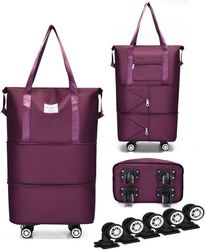 Expandable Foldable Duffel Bag with Detachable Wheels, 64L Large Capacity Rolling Travel Duffle Bag, Lightweight Carry on Luggage with Spinner Wheels, Weekend Gym Tote Bag (Deep Purple)
