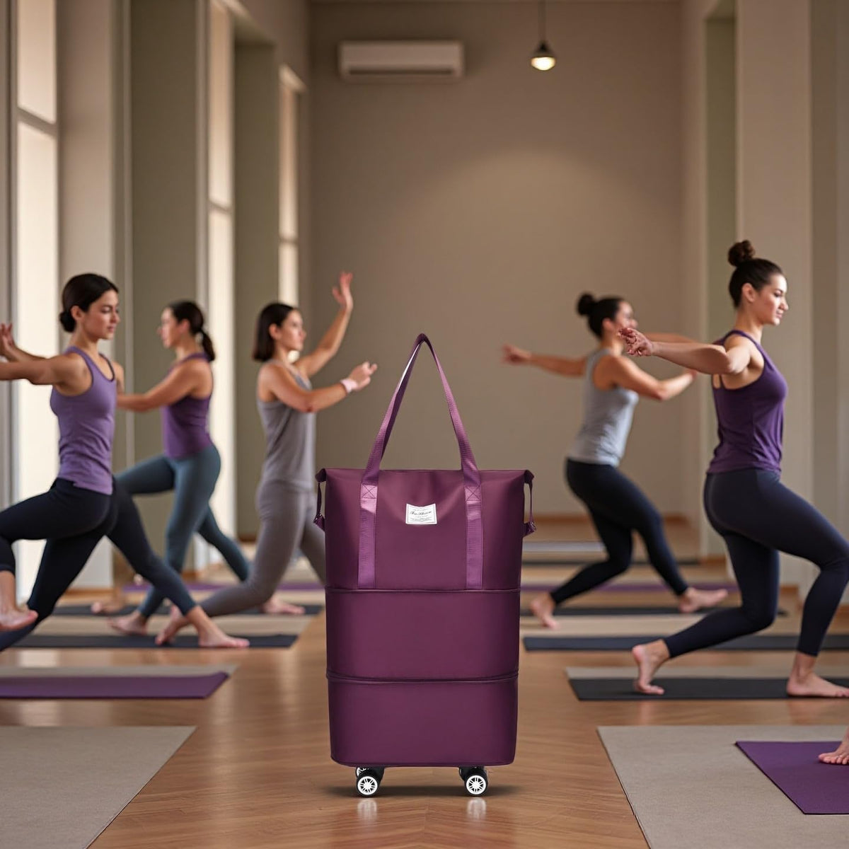 Expandable Foldable Duffel Bag with Detachable Wheels, 64L Large Capacity Rolling Travel Duffle Bag, Lightweight Carry on Luggage with Spinner Wheels, Weekend Gym Tote Bag (Deep Purple)