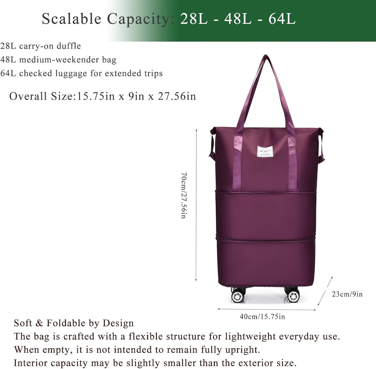 Expandable Foldable Duffel Bag with Detachable Wheels, 64L Large Capacity Rolling Travel Duffle Bag, Lightweight Carry on Luggage with Spinner Wheels, Weekend Gym Tote Bag (Deep Purple)