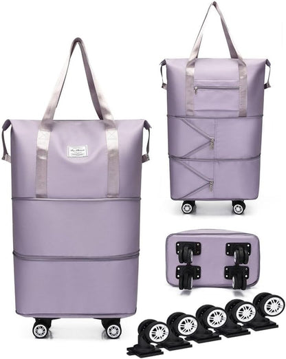 Expandable Foldable Duffel Bag with Detachable Wheels, 64L Large Capacity Rolling Travel Duffle Bag, Lightweight Carry on Luggage with Spinner Wheels, Weekend Gym Tote Bag (Deep Purple)