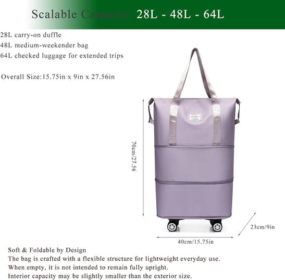 Expandable Foldable Duffel Bag with Detachable Wheels, 64L Large Capacity Rolling Travel Duffle Bag, Lightweight Carry on Luggage with Spinner Wheels, Weekend Gym Tote Bag (Deep Purple)