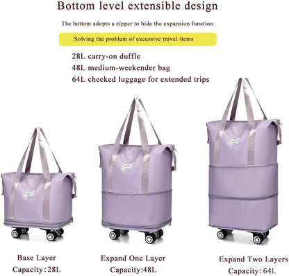 Expandable Foldable Duffel Bag with Detachable Wheels, 64L Large Capacity Rolling Travel Duffle Bag, Lightweight Carry on Luggage with Spinner Wheels, Weekend Gym Tote Bag (Deep Purple)