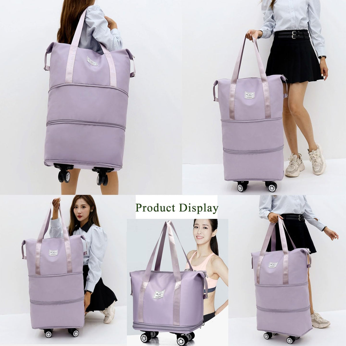 Expandable Foldable Duffel Bag with Detachable Wheels, 64L Large Capacity Rolling Travel Duffle Bag, Lightweight Carry on Luggage with Spinner Wheels, Weekend Gym Tote Bag (Deep Purple)