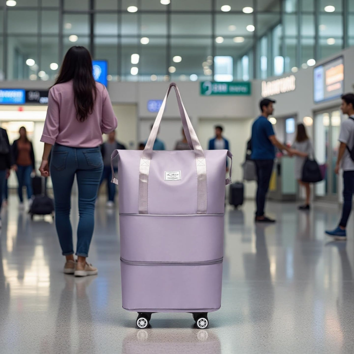 Expandable Foldable Duffel Bag with Detachable Wheels, 64L Large Capacity Rolling Travel Duffle Bag, Lightweight Carry on Luggage with Spinner Wheels, Weekend Gym Tote Bag (Deep Purple)