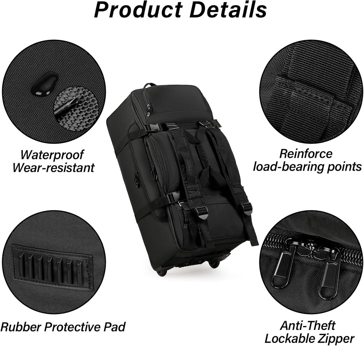 Rolling Duffle Bag with Wheels, 90L 32-inch Large Foldable Travel Duffel Bags Durable Tear-resistant Heavy-duty Luggage Bag (Black)