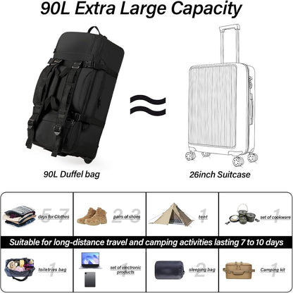 Rolling Duffle Bag with Wheels, 90L 32-inch Large Foldable Travel Duffel Bags Durable Tear-resistant Heavy-duty Luggage Bag (Black)