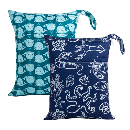 ALVA 2pcs Cloth Diaper Wet Dry Bags Waterproof Reusable with Two Zippered Pockets Travel Beach Pool Daycare Soiled Baby Items Yoga Gym Bag for Swimsuits or Wet Clothes LX-SW1821