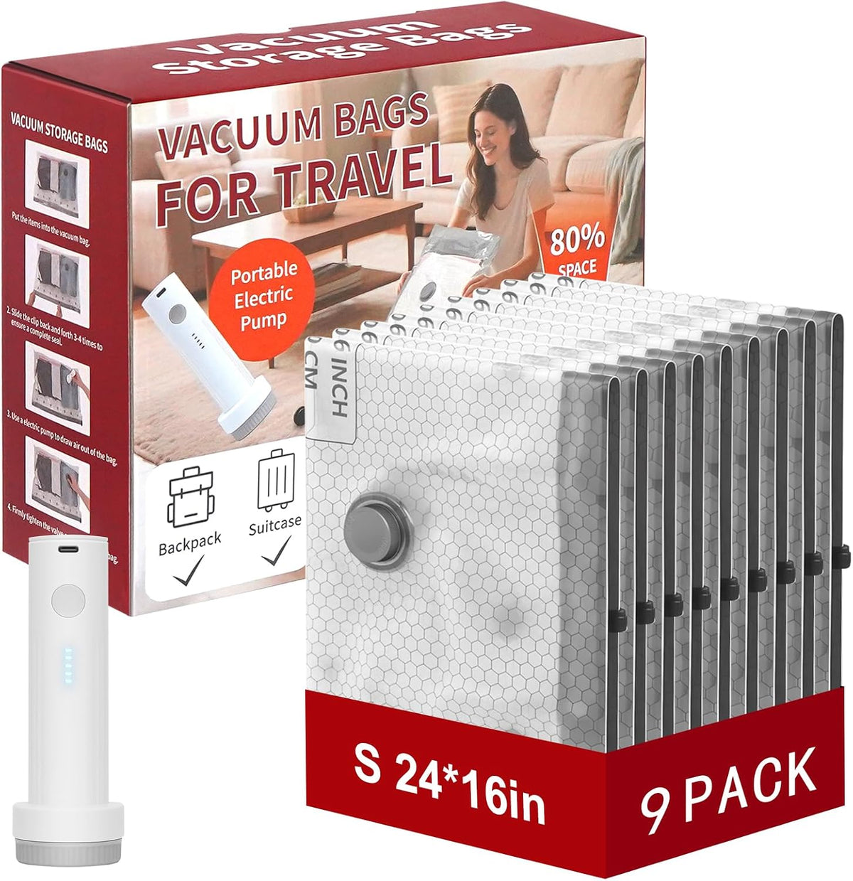 Rechargeable Wireless Pump Travel Vacuum Storage Bags Set, 9 Pack (9M) Portable Space Saver Bags for Travel & Home, Vacuum Compression Packing Seal for Clothes, Blankets, Home Seasonal Storage Bags