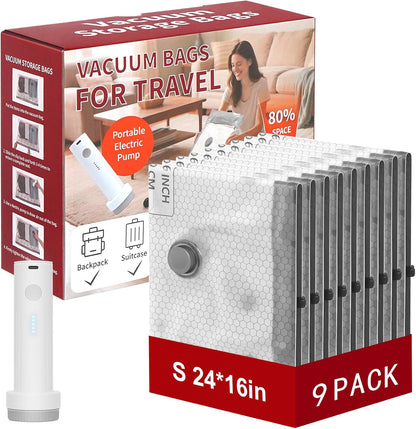 Rechargeable Wireless Pump Travel Vacuum Storage Bags Set, 9 Pack (9M) Portable Space Saver Bags for Travel & Home, Vacuum Compression Packing Seal for Clothes, Blankets, Home Seasonal Storage Bags