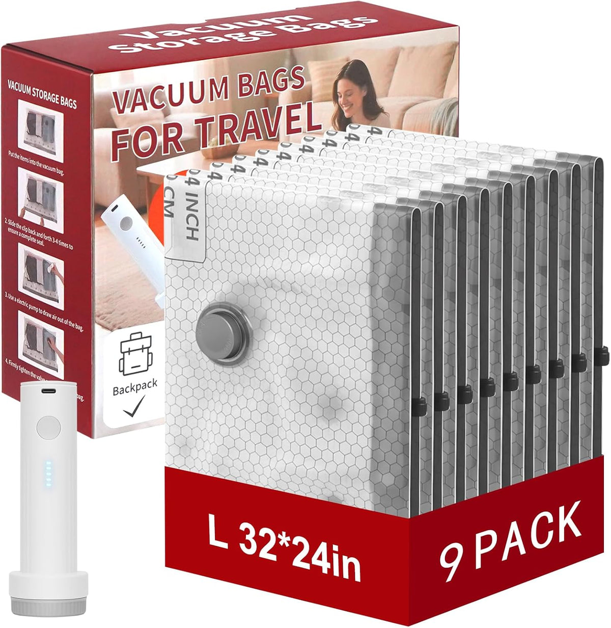 Rechargeable Wireless Pump Travel Vacuum Storage Bags Set, 9 Pack (9M) Portable Space Saver Bags for Travel & Home, Vacuum Compression Packing Seal for Clothes, Blankets, Home Seasonal Storage Bags
