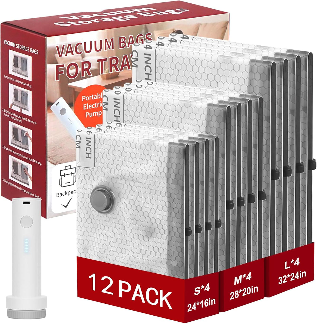Rechargeable Wireless Pump Travel Vacuum Storage Bags Set, 9 Pack (9M) Portable Space Saver Bags for Travel & Home, Vacuum Compression Packing Seal for Clothes, Blankets, Home Seasonal Storage Bags
