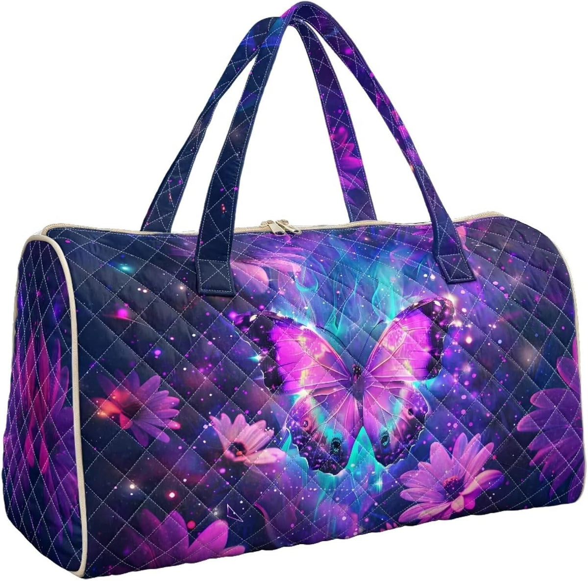 Blue Flower Travel Bags for Women, Quilted Duffel Bag Carry On Garment Duffel Bag Large Size Duffle Tote Bags Toiletry Pouch with Zipper Pockets