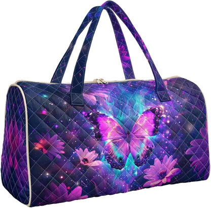 Blue Flower Travel Bags for Women, Quilted Duffel Bag Carry On Garment Duffel Bag Large Size Duffle Tote Bags Toiletry Pouch with Zipper Pockets
