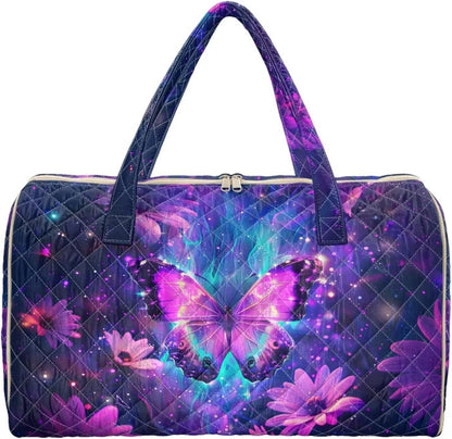 Blue Flower Travel Bags for Women, Quilted Duffel Bag Carry On Garment Duffel Bag Large Size Duffle Tote Bags Toiletry Pouch with Zipper Pockets