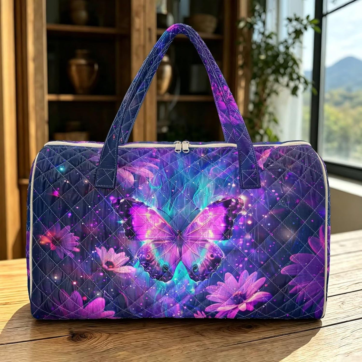 Blue Flower Travel Bags for Women, Quilted Duffel Bag Carry On Garment Duffel Bag Large Size Duffle Tote Bags Toiletry Pouch with Zipper Pockets