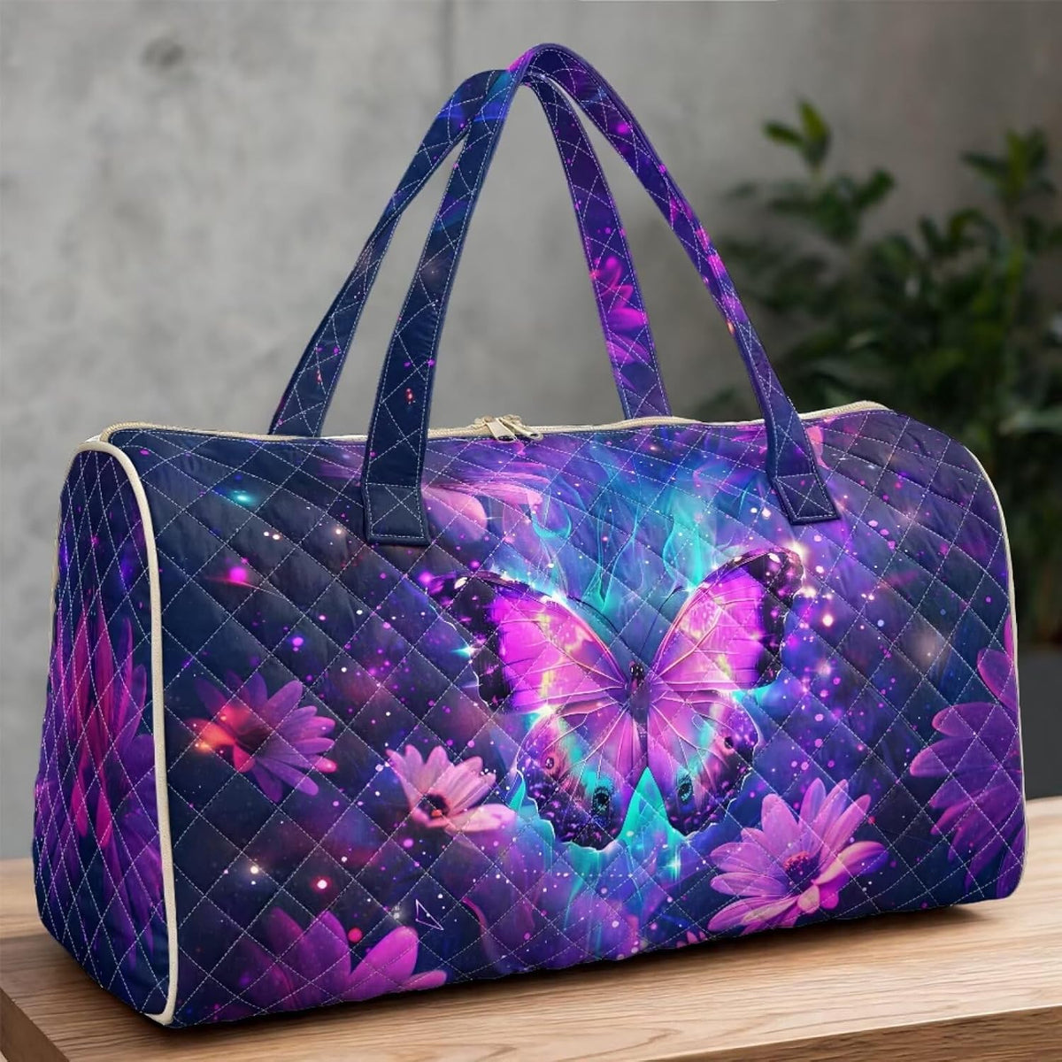 Blue Flower Travel Bags for Women, Quilted Duffel Bag Carry On Garment Duffel Bag Large Size Duffle Tote Bags Toiletry Pouch with Zipper Pockets