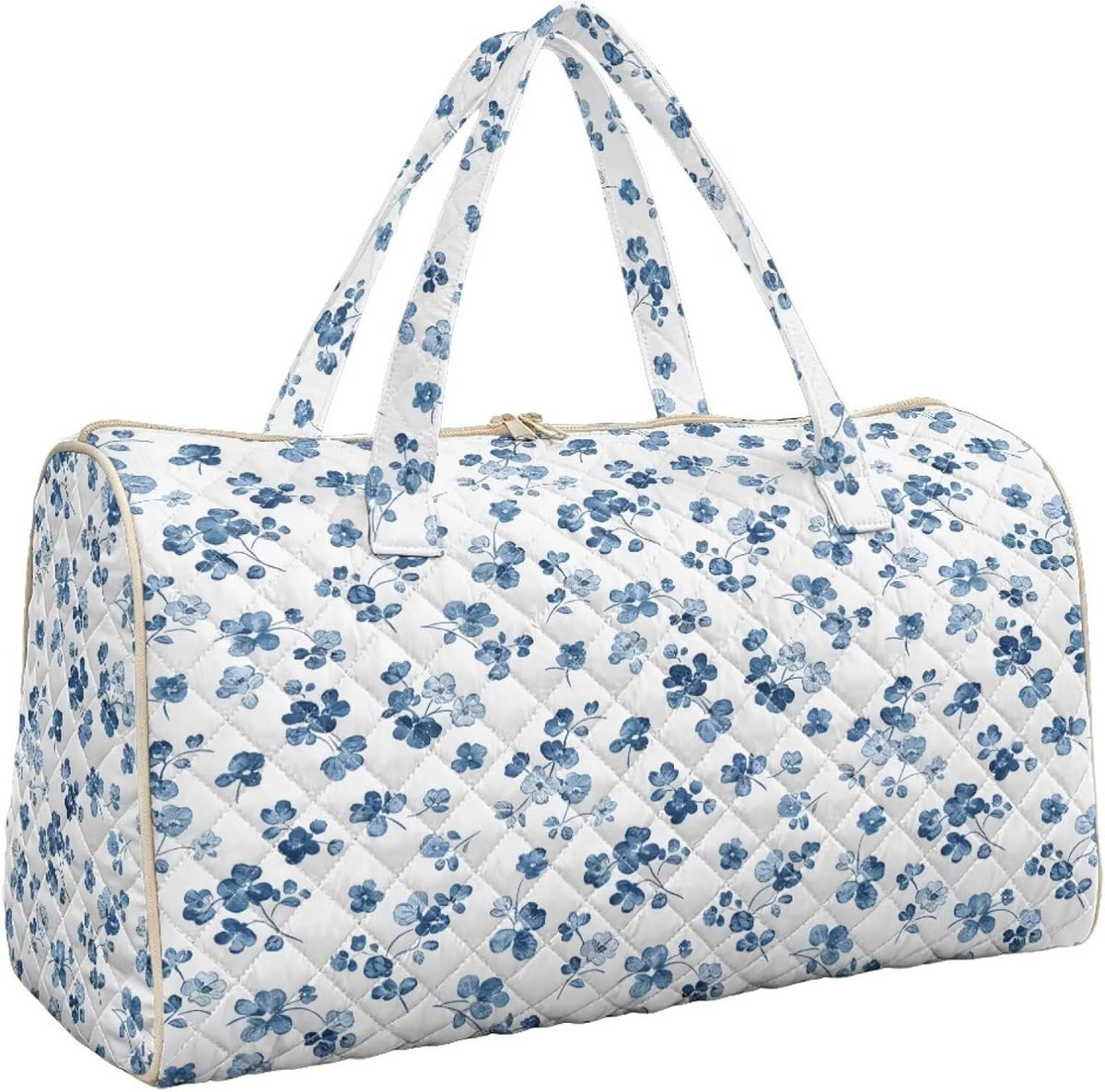 Blue Flower Travel Bags for Women, Quilted Duffel Bag Carry On Garment Duffel Bag Large Size Duffle Tote Bags Toiletry Pouch with Zipper Pockets