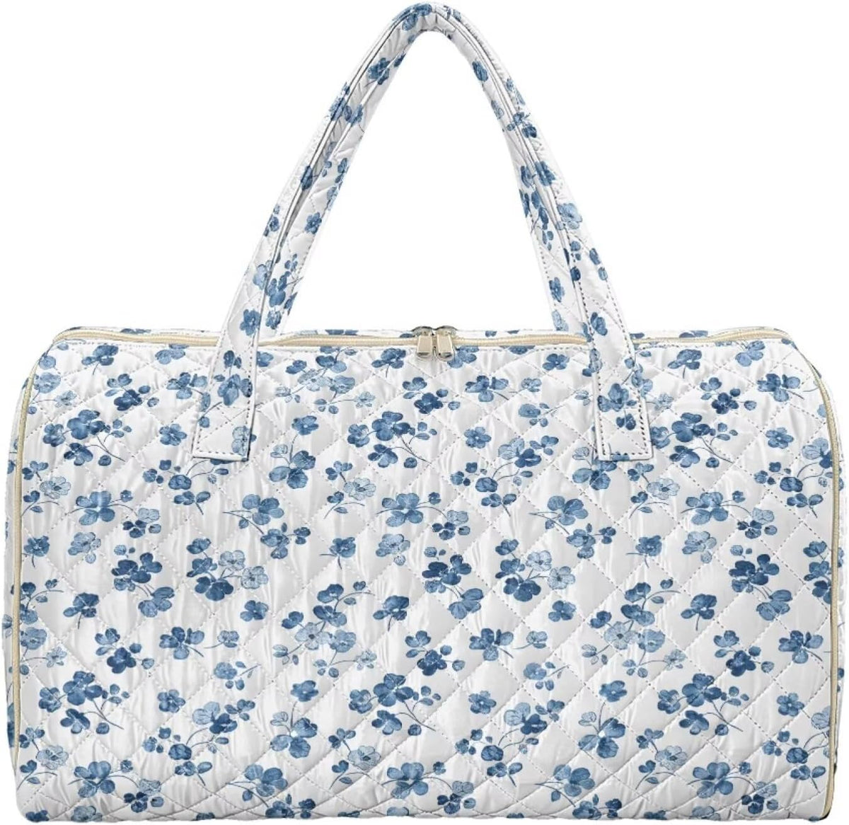 Blue Flower Travel Bags for Women, Quilted Duffel Bag Carry On Garment Duffel Bag Large Size Duffle Tote Bags Toiletry Pouch with Zipper Pockets