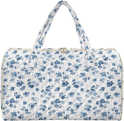 Blue Flower Travel Bags for Women, Quilted Duffel Bag Carry On Garment Duffel Bag Large Size Duffle Tote Bags Toiletry Pouch with Zipper Pockets