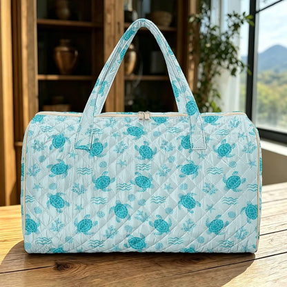 Blue Flower Travel Bags for Women, Quilted Duffel Bag Carry On Garment Duffel Bag Large Size Duffle Tote Bags Toiletry Pouch with Zipper Pockets