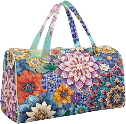 Blue Flower Travel Bags for Women, Quilted Duffel Bag Carry On Garment Duffel Bag Large Size Duffle Tote Bags Toiletry Pouch with Zipper Pockets