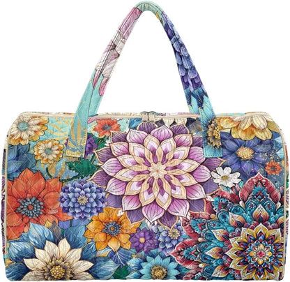 Blue Flower Travel Bags for Women, Quilted Duffel Bag Carry On Garment Duffel Bag Large Size Duffle Tote Bags Toiletry Pouch with Zipper Pockets