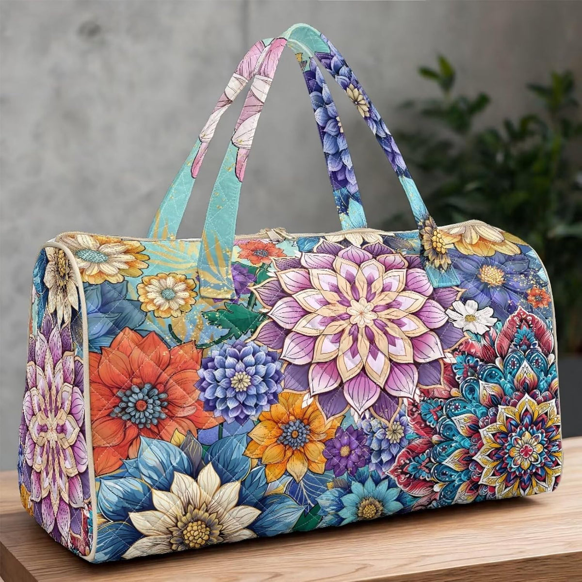 Blue Flower Travel Bags for Women, Quilted Duffel Bag Carry On Garment Duffel Bag Large Size Duffle Tote Bags Toiletry Pouch with Zipper Pockets