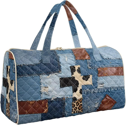 Blue Flower Travel Bags for Women, Quilted Duffel Bag Carry On Garment Duffel Bag Large Size Duffle Tote Bags Toiletry Pouch with Zipper Pockets