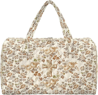 Blue Flower Travel Bags for Women, Quilted Duffel Bag Carry On Garment Duffel Bag Large Size Duffle Tote Bags Toiletry Pouch with Zipper Pockets