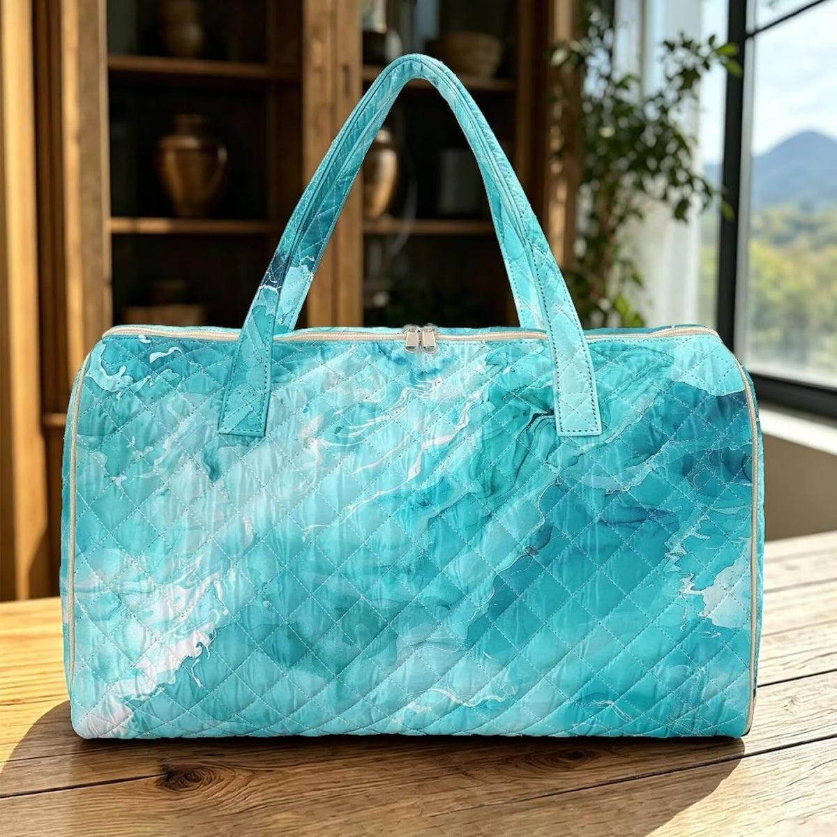 Blue Flower Travel Bags for Women, Quilted Duffel Bag Carry On Garment Duffel Bag Large Size Duffle Tote Bags Toiletry Pouch with Zipper Pockets