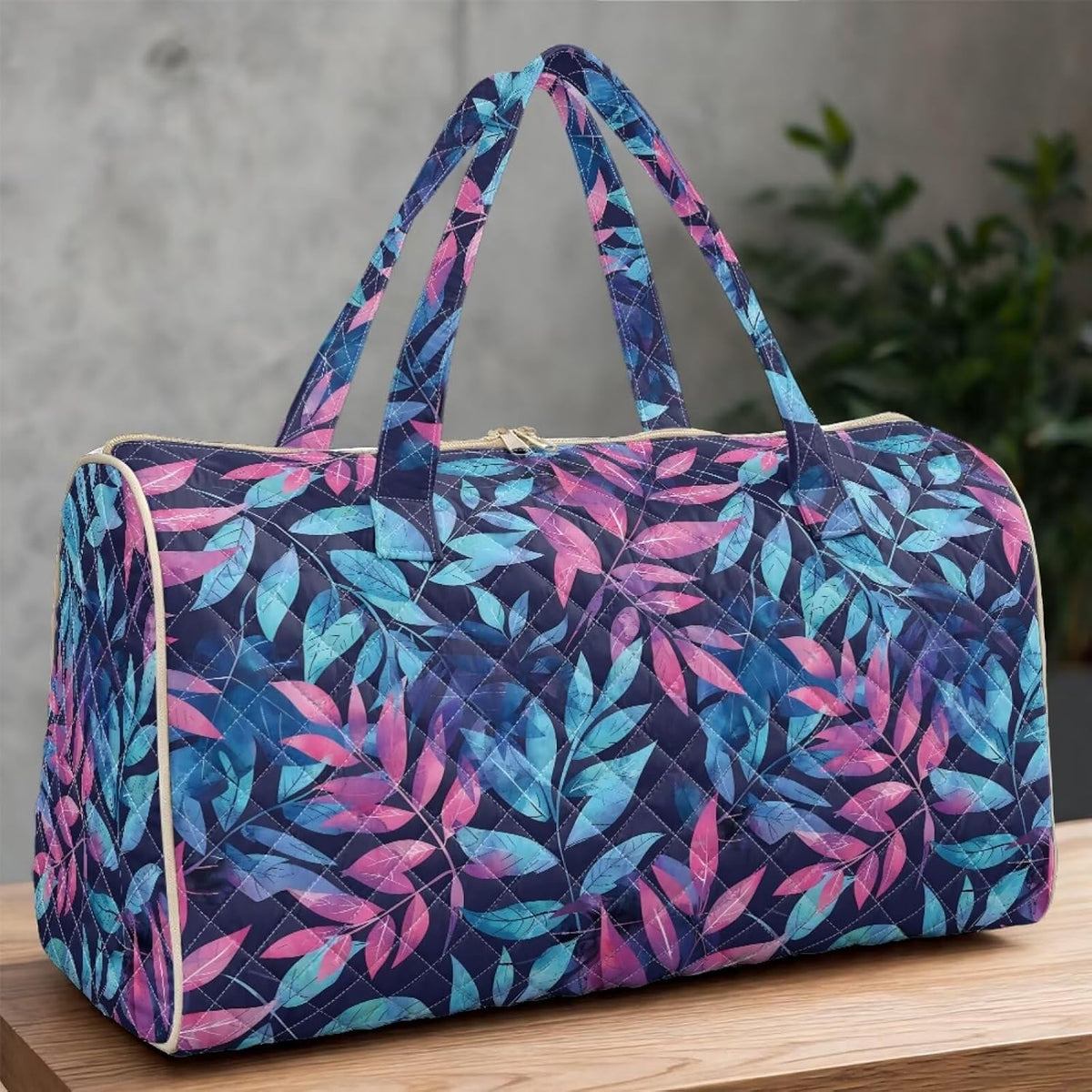 Blue Flower Travel Bags for Women, Quilted Duffel Bag Carry On Garment Duffel Bag Large Size Duffle Tote Bags Toiletry Pouch with Zipper Pockets