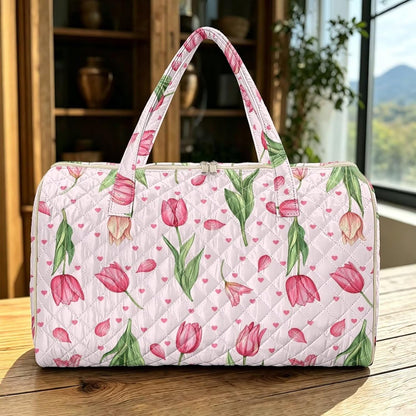 Blue Flower Travel Bags for Women, Quilted Duffel Bag Carry On Garment Duffel Bag Large Size Duffle Tote Bags Toiletry Pouch with Zipper Pockets