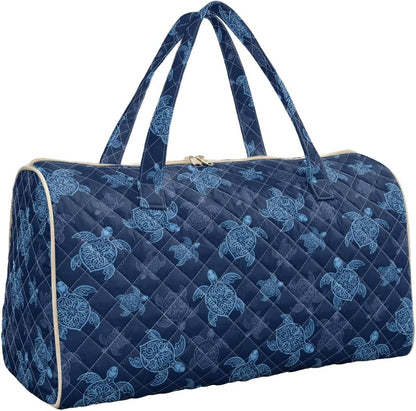 Blue Flower Travel Bags for Women, Quilted Duffel Bag Carry On Garment Duffel Bag Large Size Duffle Tote Bags Toiletry Pouch with Zipper Pockets