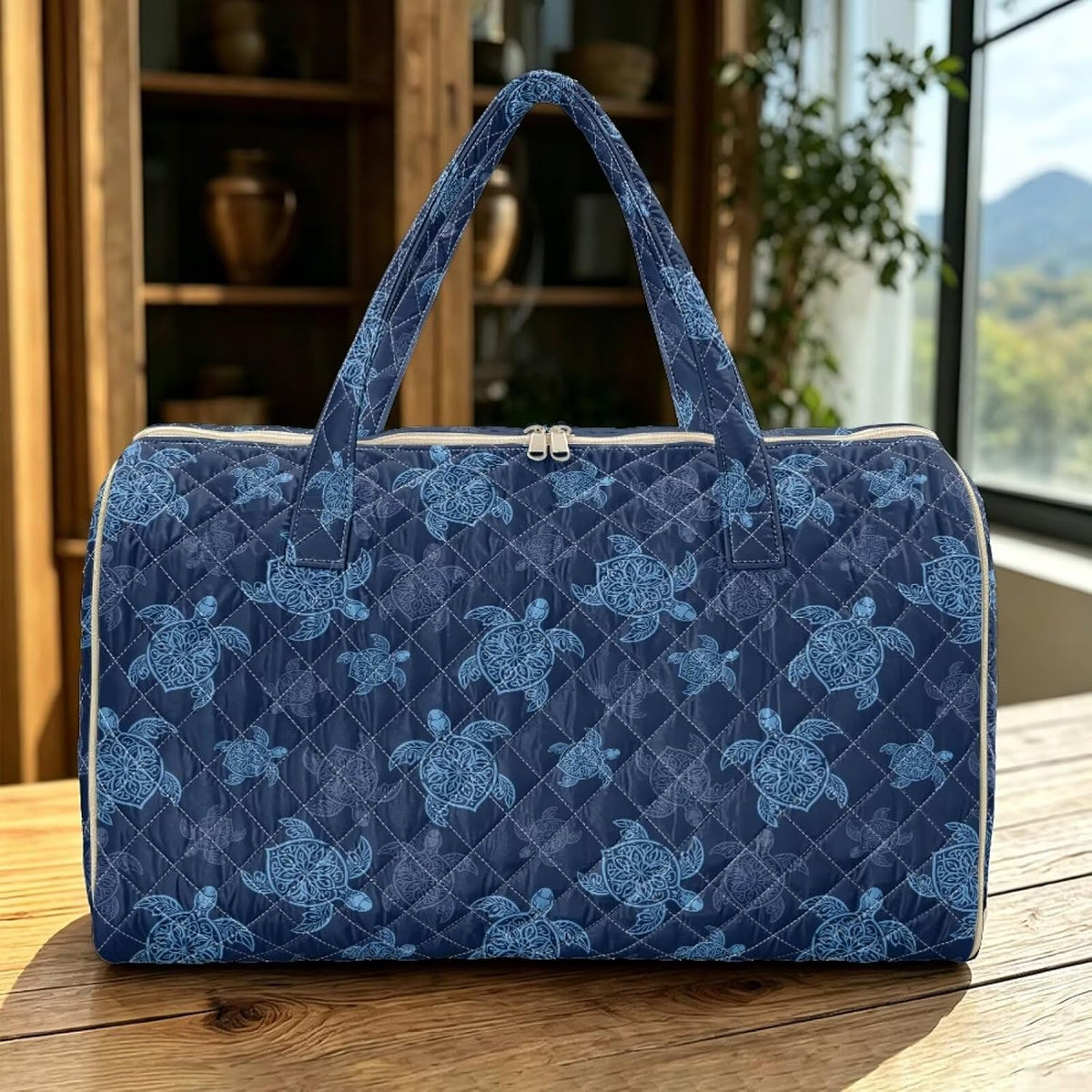 Blue Flower Travel Bags for Women, Quilted Duffel Bag Carry On Garment Duffel Bag Large Size Duffle Tote Bags Toiletry Pouch with Zipper Pockets