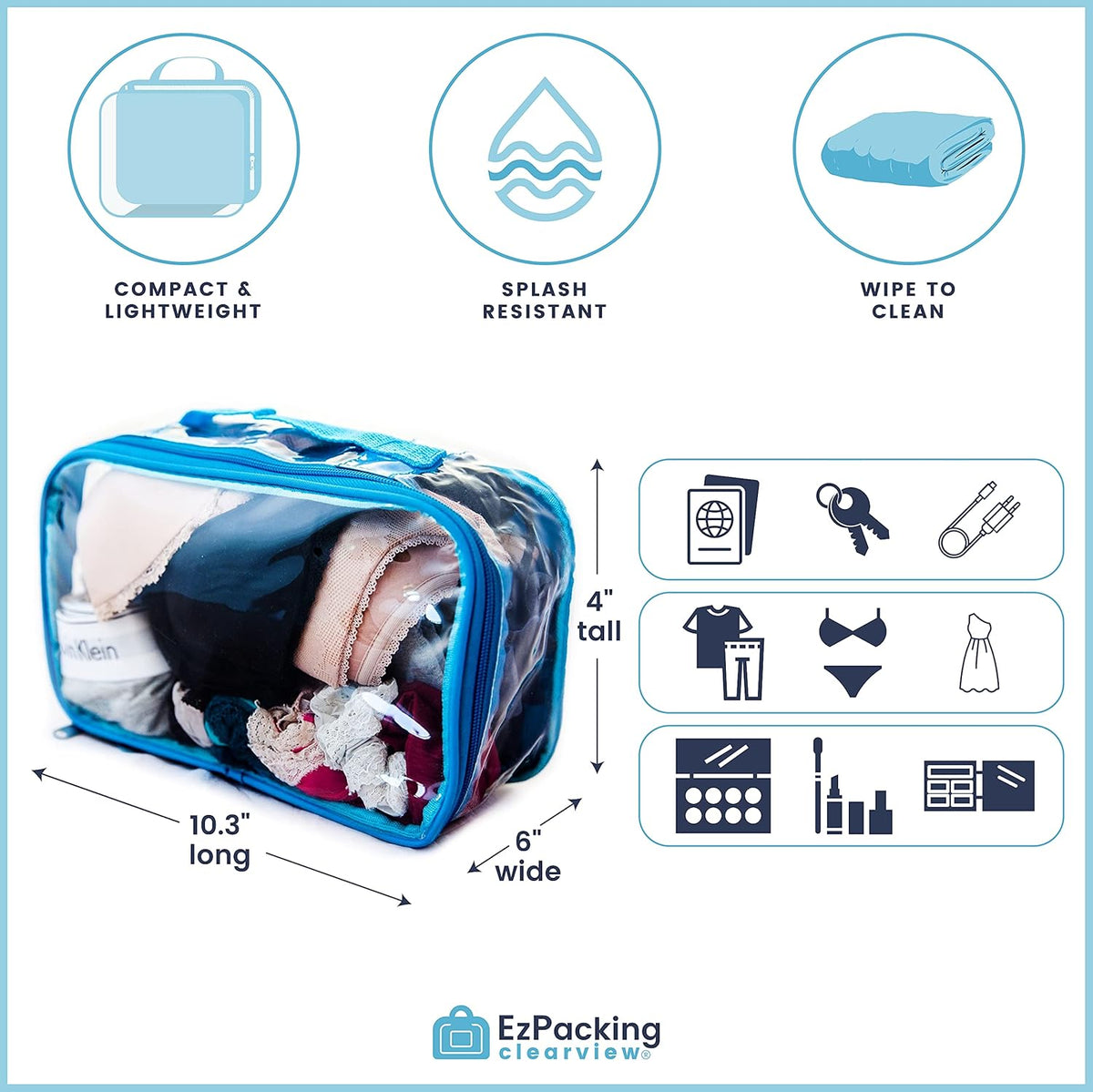 Small Clear Travel Packing Cube/See Through PVC Plastic Pouch for Carry On Suitcase, Backpack or Diaper Bag/Transparent Multipurpose Accessories, Makeup & Underwear Organizer w/Handle (Black)
