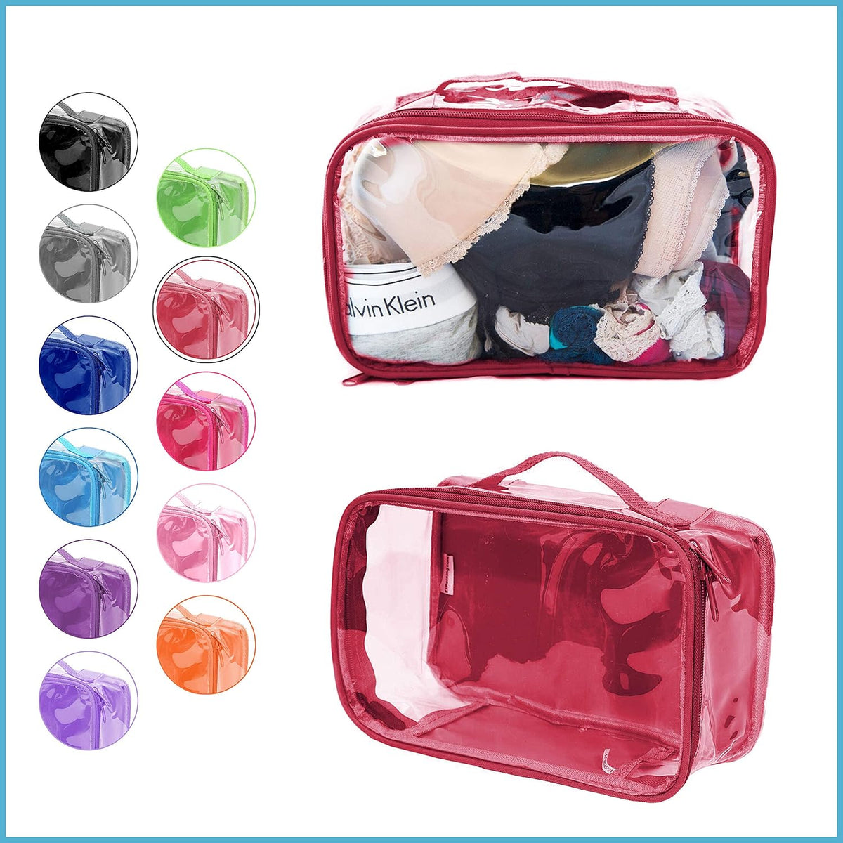 Small Clear Travel Packing Cube/See Through PVC Plastic Pouch for Carry On Suitcase, Backpack or Diaper Bag/Transparent Multipurpose Accessories, Makeup & Underwear Organizer w/Handle (Black)