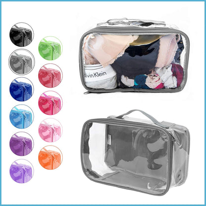 Small Clear Travel Packing Cube/See Through PVC Plastic Pouch for Carry On Suitcase, Backpack or Diaper Bag/Transparent Multipurpose Accessories, Makeup & Underwear Organizer w/Handle (Black)