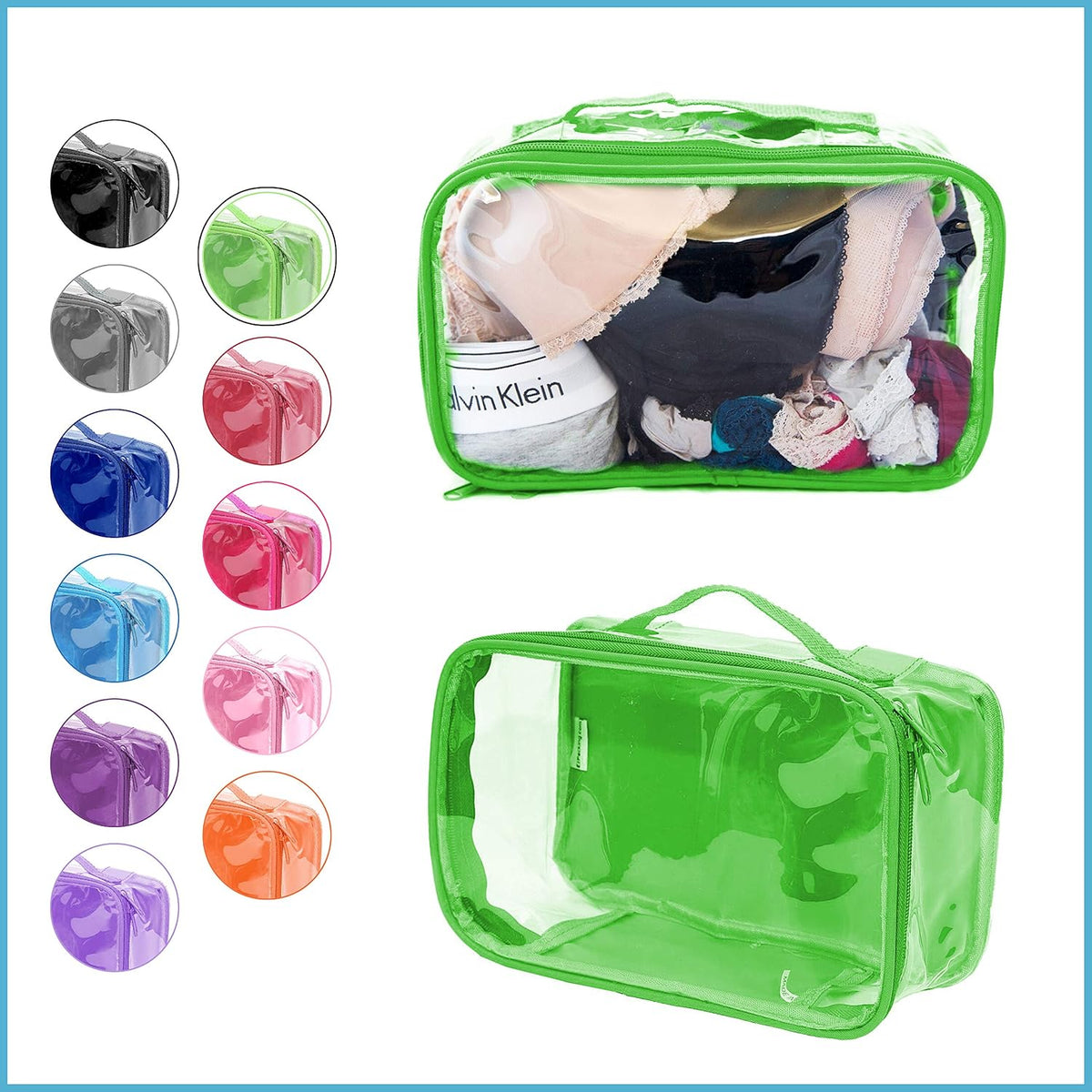 Small Clear Travel Packing Cube/See Through PVC Plastic Pouch for Carry On Suitcase, Backpack or Diaper Bag/Transparent Multipurpose Accessories, Makeup & Underwear Organizer w/Handle (Black)