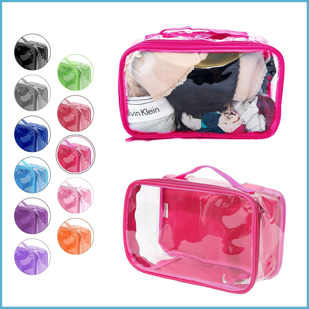 Small Clear Travel Packing Cube/See Through PVC Plastic Pouch for Carry On Suitcase, Backpack or Diaper Bag/Transparent Multipurpose Accessories, Makeup & Underwear Organizer w/Handle (Black)