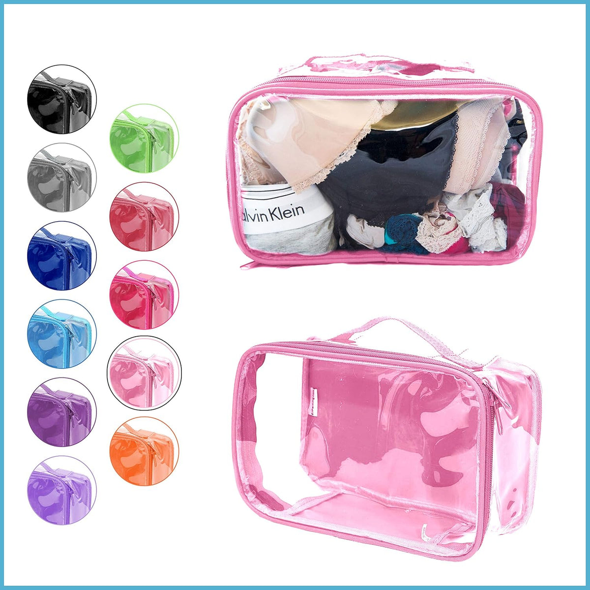 Small Clear Travel Packing Cube/See Through PVC Plastic Pouch for Carry On Suitcase, Backpack or Diaper Bag/Transparent Multipurpose Accessories, Makeup & Underwear Organizer w/Handle (Black)