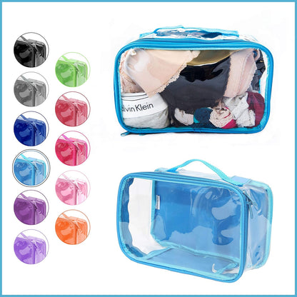 Small Clear Travel Packing Cube/See Through PVC Plastic Pouch for Carry On Suitcase, Backpack or Diaper Bag/Transparent Multipurpose Accessories, Makeup & Underwear Organizer w/Handle (Black)
