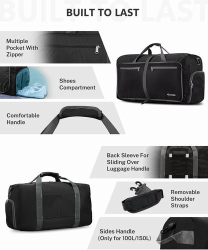 Large Foldable Travel Duffle Bag with Shoes Compartment, Packable Lightweight Water Repellent Duffel Bag for Camping Gym Weekender Bag