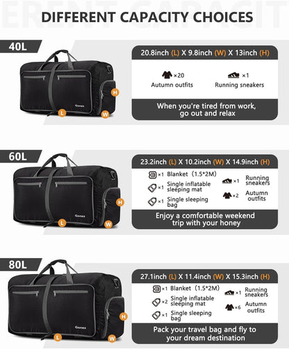 Large Foldable Travel Duffle Bag with Shoes Compartment, Packable Lightweight Water Repellent Duffel Bag for Camping Gym Weekender Bag