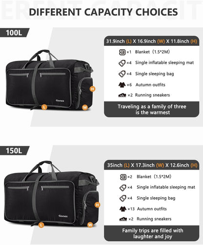 Large Foldable Travel Duffle Bag with Shoes Compartment, Packable Lightweight Water Repellent Duffel Bag for Camping Gym Weekender Bag