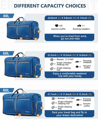 Large Foldable Travel Duffle Bag with Shoes Compartment, Packable Lightweight Water Repellent Duffel Bag for Camping Gym Weekender Bag